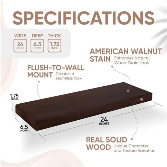 24inch Walnut Floating Shelves for Wall, High End Solid Real Wood - Picture 9 of 14